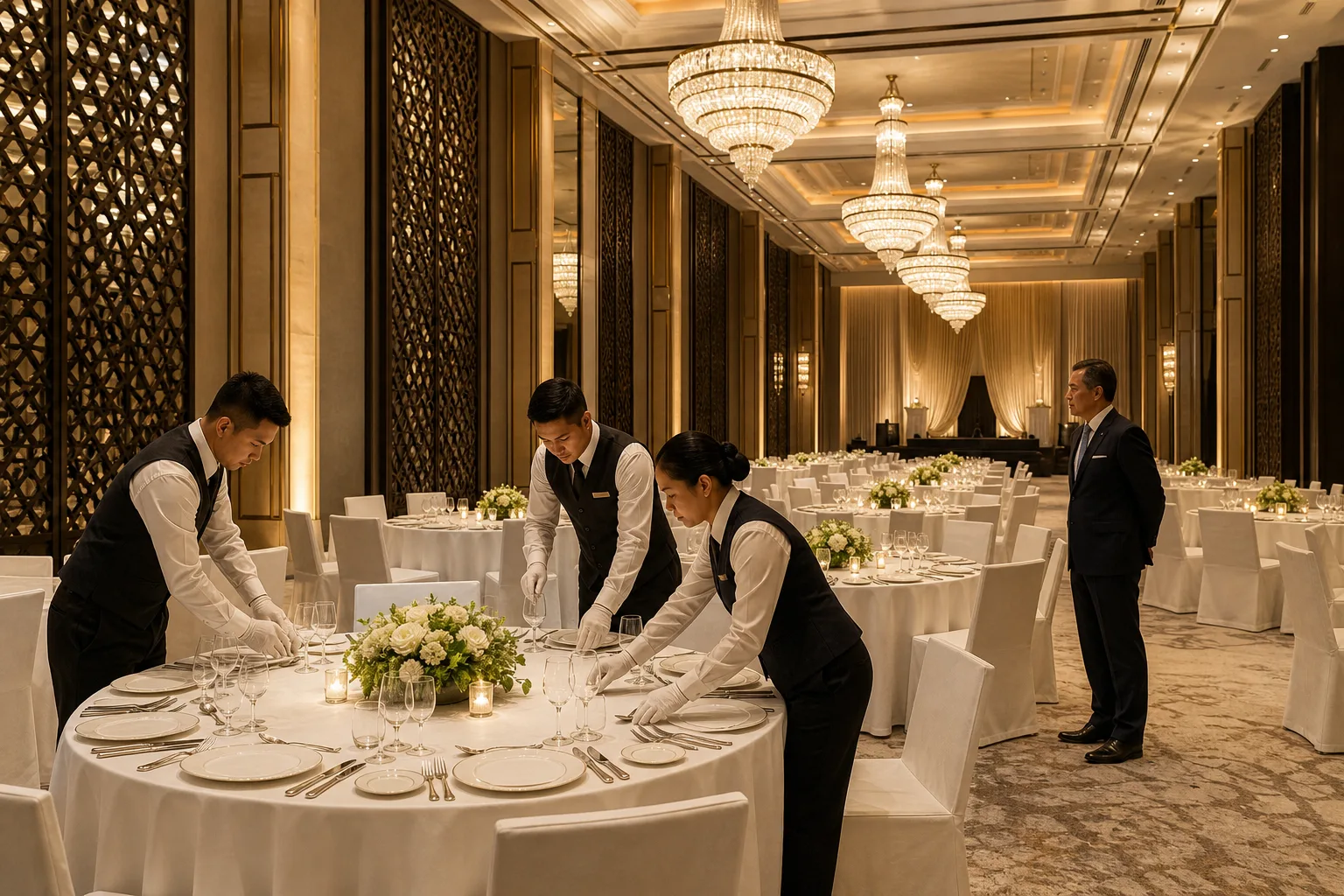 Banqueting staff laying covers in a ballroom dressed for a gala dinner