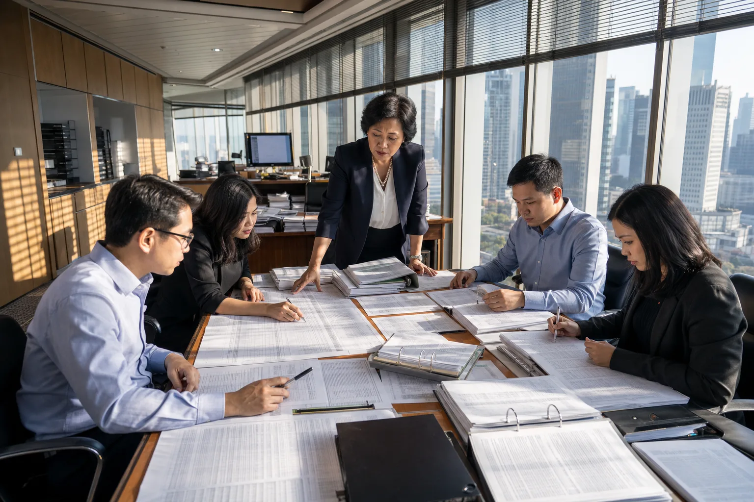 A group financial controller and four accountants working through printed statements at month-end close, high in a city office tower