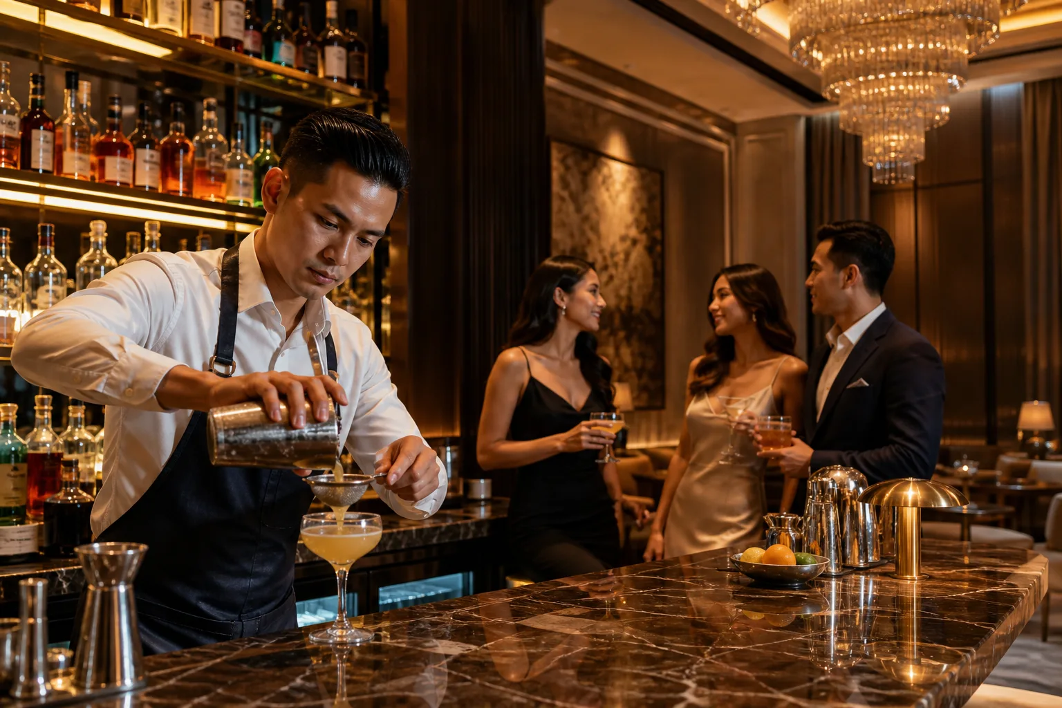A bartender straining a cocktail at the marble bar of a hotel lounge