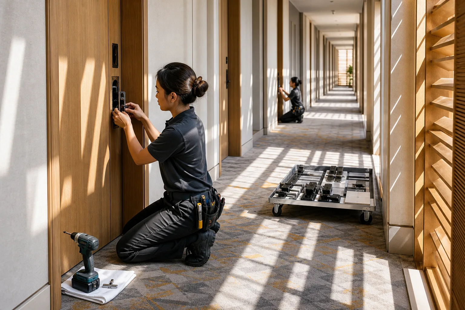 An installer fitting an electronic lock to a guest-room door, with a trolley of lock bodies in the corridor behind