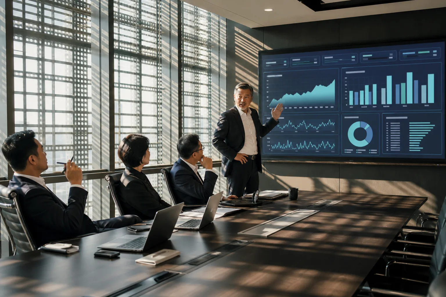 A director of sales presenting a metrics dashboard to executives in a boardroom